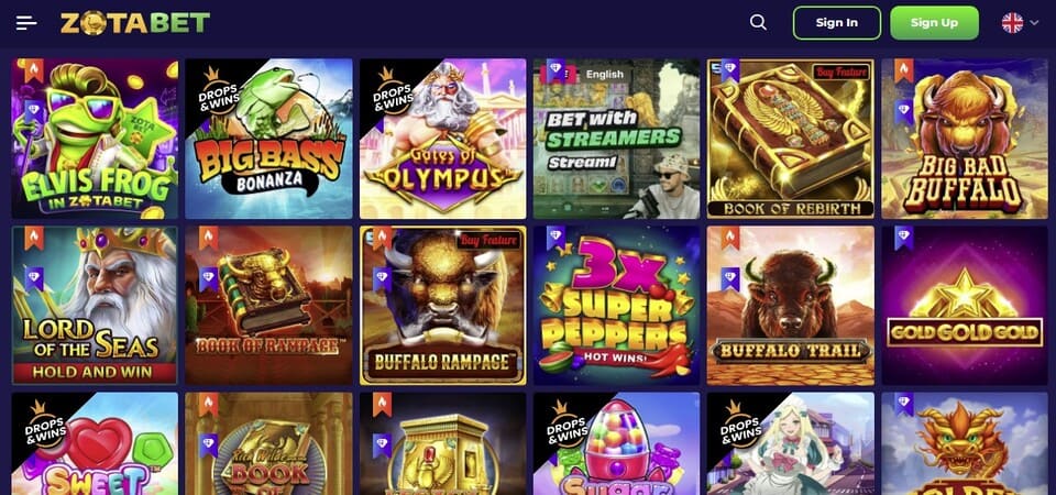 Zotabet casino lobby med slots og bonussektion